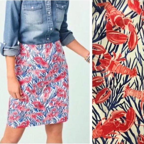 TALBOTS Lobster Print Cotton STRETCH A Line SKIRT Size 12 Blue Red White - Picture 1 of 7